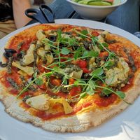Anti pasti pesto pizza (vegan) with side salad no dressing at Stag Inn in Dolgellau