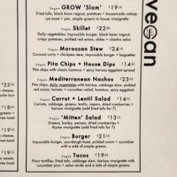 The vegan menu offerings as of June 2023 at GROW Café + Bistro in Saugatuck