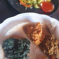 Ethiopian plate and noodle dish with cabbage (not vegan) at Fröjas Sal in Uppsala