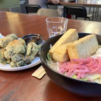 Sesame noodles with crispy tofu add-on and broccoli appetizer  at Koya Rijeka in Rijeka