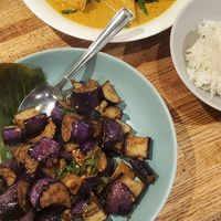 Assam curry tofu & vegetables (top), Wok-fried eggplant & basil at Banana Leaf on Davie in Vancouver