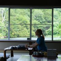 tatami dining area with a beautiful view at Sobairo Chaya in Fukaura