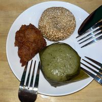 Fried Banana Cake Ball, Sesame Red Bean Ball, 'Woodworm' cake  at Joyve Cafe in Auckland