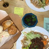Pulled Noodles with Sesame Sauce (top) and Pulled Noodles with Mushroom (bottom) with Bao buns, curry puff and another pastry to take away at Joyve Cafe in Auckland