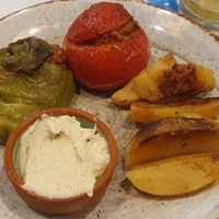 Stuffed vegetables (yogurt sauce changed to hummus) at Meli Restaurant in Rhodes