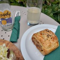 Vegan sausage roll and lovely (literally lovely) at Lucy's Tearoom  in Stow-on-the-wold