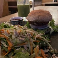 Beet burger and really nice green shake I forgot it’s name    at Bodhi Terrace - Maybe closed in Leh