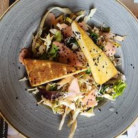 Smoked tofu, Korean cabbage salad, sesame seeds at Pannónia Restaurant in Szombathely