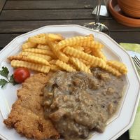 Schnitzel auf Erbsenproteinbasis mit Champignon Rahmsauce  at Die Sonnenuhr in Zeltingen