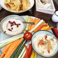 Hummus & muttabal plate + homemade potato chips at Machar 44 in Yerevan