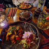 Mock chicken curry and peanut udon noodles at Padme Hum  in Munich