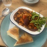 Vegan chilli bean bowl with focaccia   at Dudley and George's in Llandudno