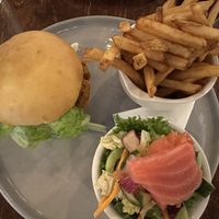 Veggie burger (made vegan), side fries and salad.   at Part II Bistro in Goderich