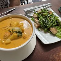 Amok tofu and stirfried morning glory  at Pu Rock Cafe in Phnom Penh
