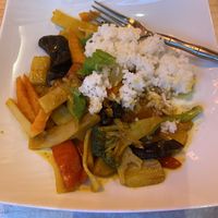 Vegan satay with rice  at Le Lotus D'Or in Carcassonne