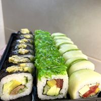 Three types of vegan rolls that included in Vegan set. The chuka rolls can contain walnut sauce with eggs, ask not to use or change to a vegan sauce. at Blackfin Sushi  in Yerevan