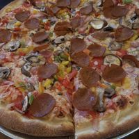 Veganized “NY style” pizza  at Blue Pan Pizza in Denver