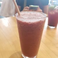 Red smoothie (yogurt, basil and strawberries) at Morgentau. in Barcelona