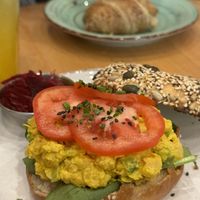 Chickpea curry bagel that's excellent   at Morgentau. in Barcelona