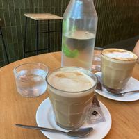 Latte and the great water with mint and lemon   at Morgentau. in Barcelona