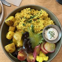Scrambled tofu with potatoes (potatoes is the gluten free option)   at Morgentau. in Barcelona