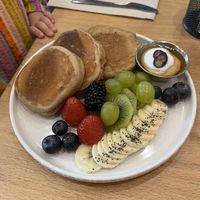 Kids menu! Cinnamon pancake with fruits, yoghurt and syrup!   at Morgentau. in Barcelona