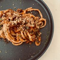 Pici all'amatriciana vegana at Il Caldetino in Vicchio