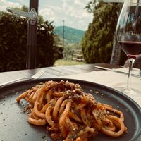 Pici all’amatriciana vegana at Il Caldetino in Vicchio