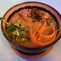 Vegan ramen made with miso and peanut sauce, noodles, soybean sprouts, carrots, vegan protein, onion, mushrooms, pakchoi, spring onion  at Ramen Shifu - Monte Nero in Milan