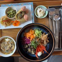 Vegan Bibimbap with soy ice cream, veggie soup and veggie spring rollls  at Veggie Cafe Mazina in Fujinomiya