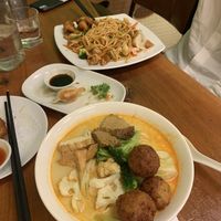 Laksa curry, deep fried mushrooms, fried dumplings, and chow mee  at Aunty Mena's in Wellington