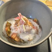 Starter with tomato sorbet. Delicious!!  at La Musardière in Giverny