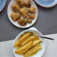 Stuffed Zucchini flowers and roasted potatoes at Hamam Cafe in Rhodes