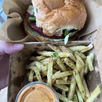 Vegan chili cheese burger and garlic fries  at Holy Cow in Bergen
