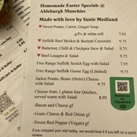 Menu with vegan choices  at Munchies in Aldeburgh
