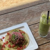 Jackfruit tacos and iced matcha latte with coconut milk   at Green Pepper  in Gialova