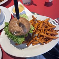titanic burger with sweet potato friess  at The Chicago Diner - Logan Square in Chicago