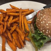 spicy crispy chicken + sweet potato fries! at The Chicago Diner - Logan Square in Chicago