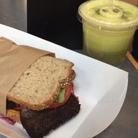 Jerk Tofu & Yam Sandwich and Gingerlicious Juice at Plum Pantry in Seattle