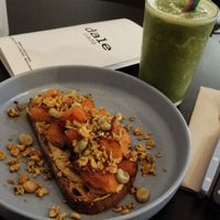 Cashew cheese, roasted squash, and broad been toast (to DIE for) + green smoothie at Dale Café  in Madrid