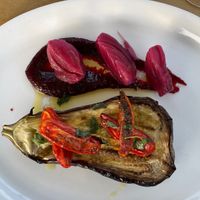 Braised eggplant with beetroot reduction and pickled onions.
Eggplant melts in your mouth, onions are the hero of the dish. 
Nice but not exceptional comparing to the rest. at Agriristoro Alla Terra in Castagneto Carducci