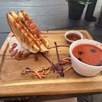 vegan disco and tomato soup  at Grilled Cheese Gallery in Provincetown