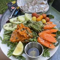 Salad with hummus, pesto, and various vegetables.  at Mountain Monk Coffee in Taos