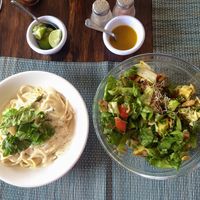 Lovely lunch at the new location: Big salad, creamy pasta. We also enjoyed Ramen, Tiramisu and Espresso (no pictures) at Chepenka Catering in Tepoztlan
