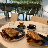 Hot focaccia sandwich: vegan grilled vegetables with baked red pepper cream  at Ohana in Budapest