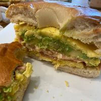 Bacon, Egg and Cheese bagel sandwich with added avocado-so yummy!!  at Red's Leaf Café in Metuchen