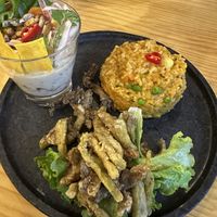 Seafood trio (fritters, ceviche and risotto)  at Lounge del Brujo Centro Histórico in Arequipa
