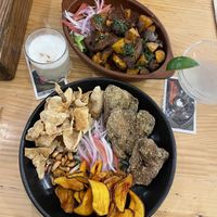 Chicharrón arequipeño & anticuchos  at Lounge del Brujo Centro Histórico in Arequipa