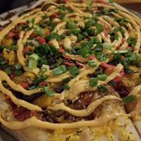 "Hog Heaven" pizza made with jackfruit and vegan BBQ and chipotle aoli. at The Mitten Brewing Co in Grand Rapids