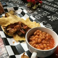 Chickpea omelette and sausage and mushrooms at Duke Bullock's Vegan Cafe in Scarborough